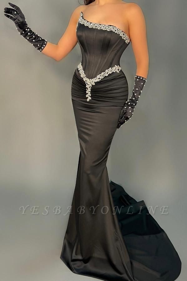 Stylish Black Strapless Beading Floor Length Mermaid Stretch Satin Prom Dress