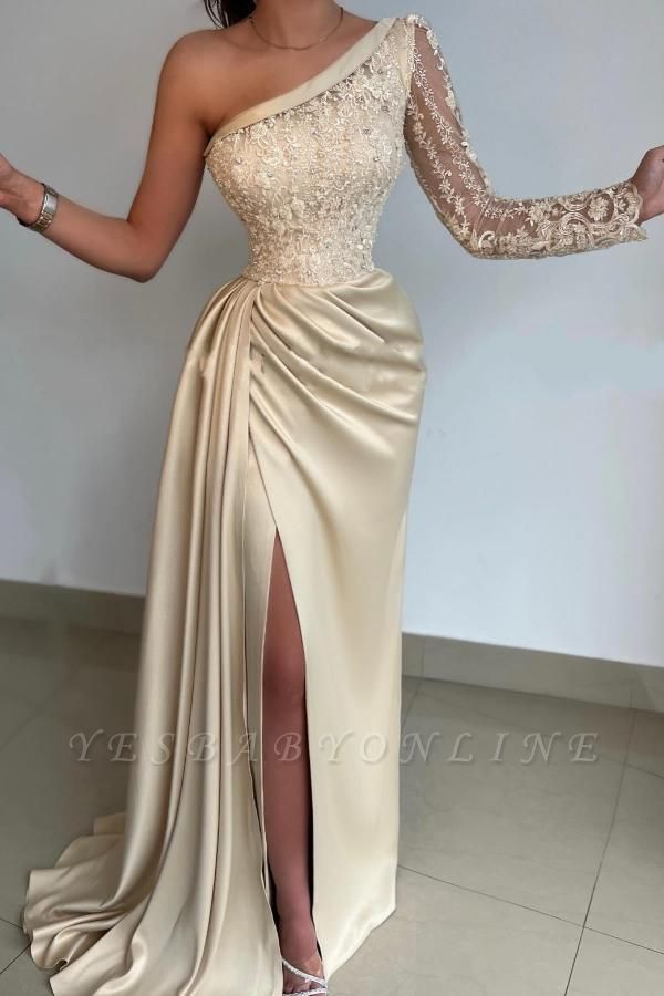 Charming One Shoulder Floor Length Mermaid Stretch Satin Prom Dress with Ruffles