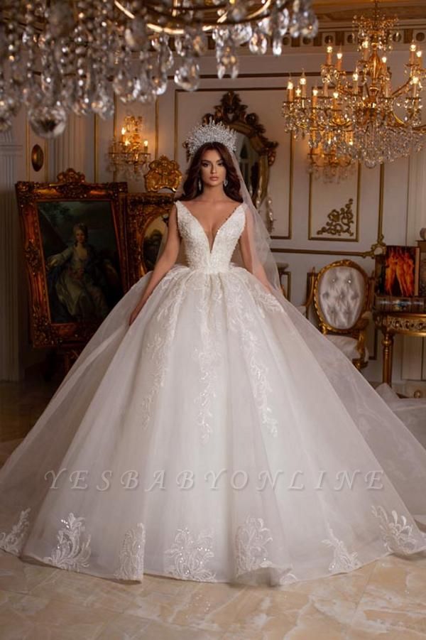 Gorgeous V-Neck Floor length A-line Tulle Ball Gown Wedding Dress