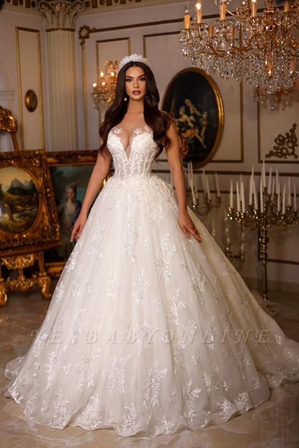 Chic A-Line Floor length Sleeveless Lace Ball Gown Wedding Dress