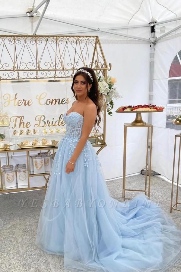 Charming Blue Strapless A-Line Floor Length Lace Tulle Prom Dress with Ruffles