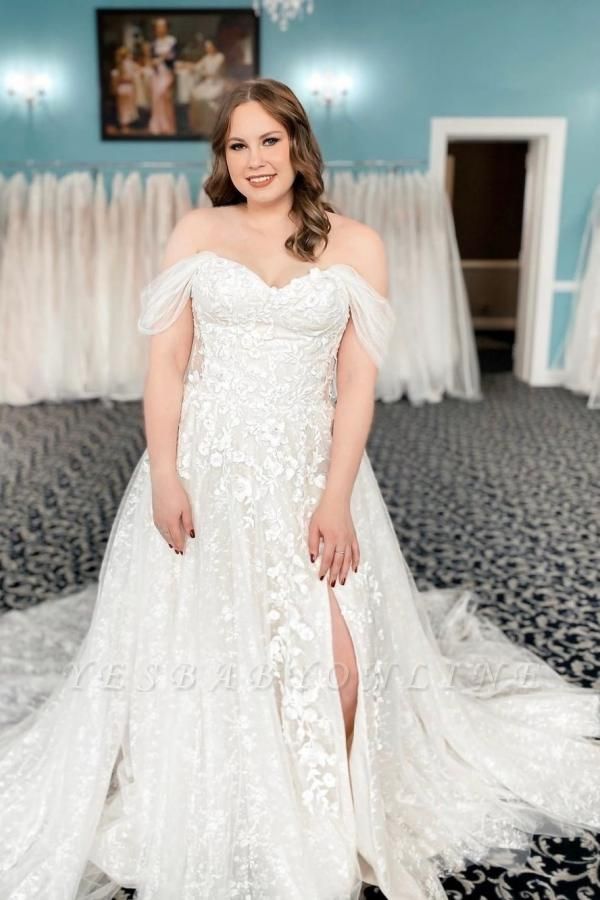Charming A-Line Off the Shoulder Sweetheart Sleeveless Lace Wedding Dress with appliques