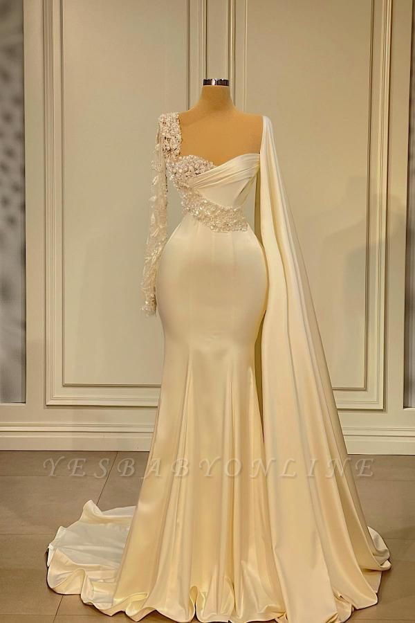 Elegant White Asymmetrical Long Sleeves Beading Zipper Mermaid Prom Dress with Ruffles