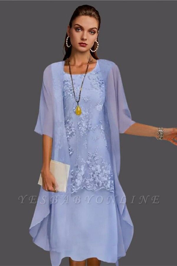 Elegant 3/4 Sleeves Knee Length Beading Jewel Sheath Mother Chiffon Prom Dress with Ruffles