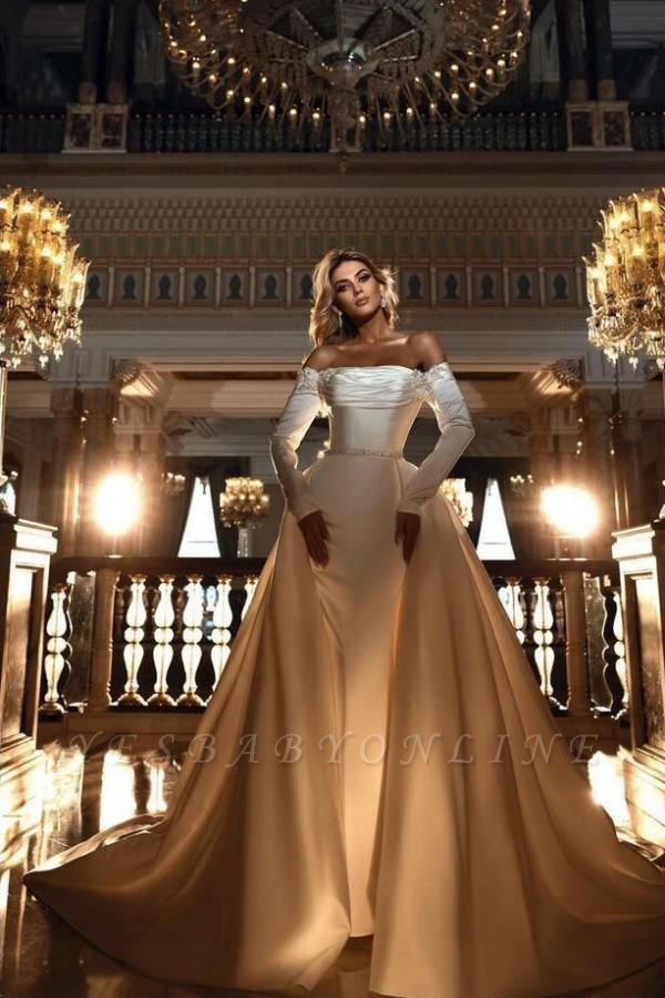 Charming A-Line Strapless Off the Shoulder Long Sleeves Satin Wedding Dress with Pearls