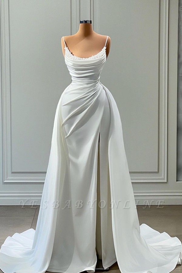 Charming Spaghetti Straps sleeveless white mermaid prom dress with Ruffles