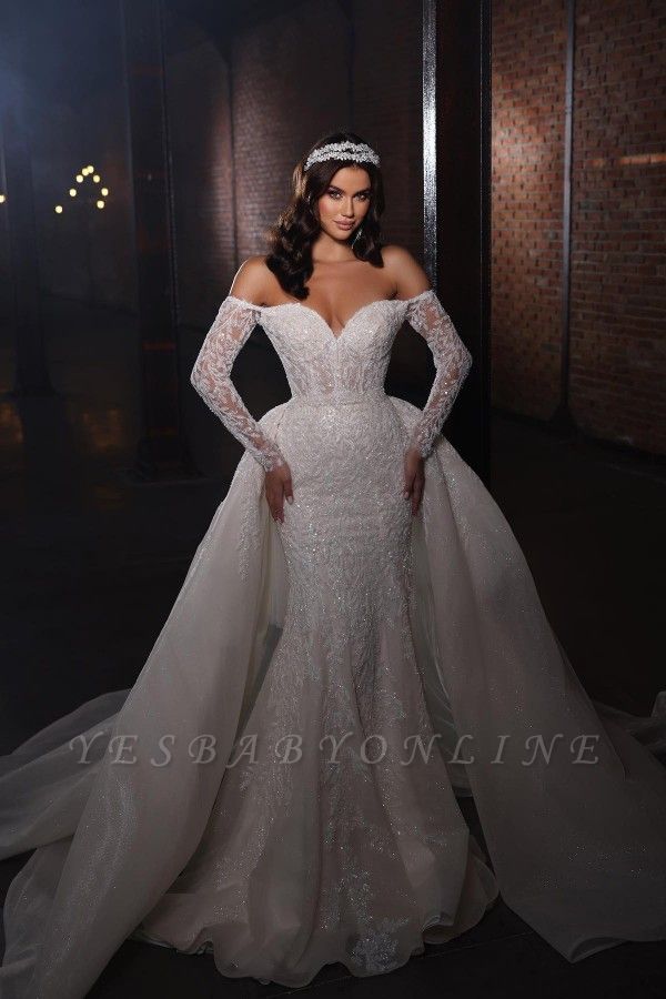 Sparkling Long sleeves off the shoulder mermaid wedding dress