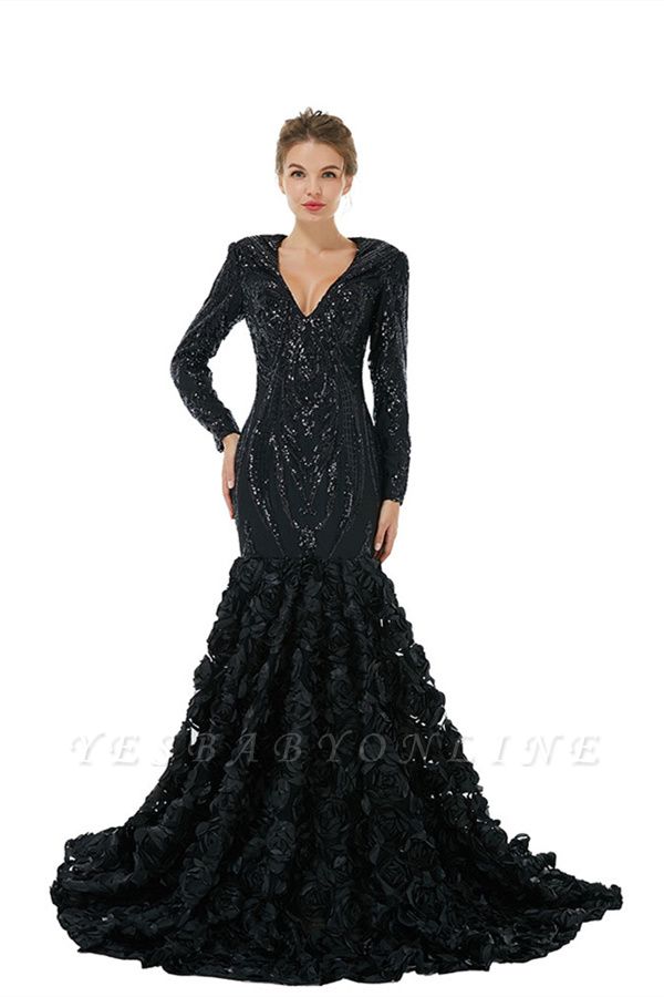 Charming Black V-neck Long Sleeves Lace Prom Dress