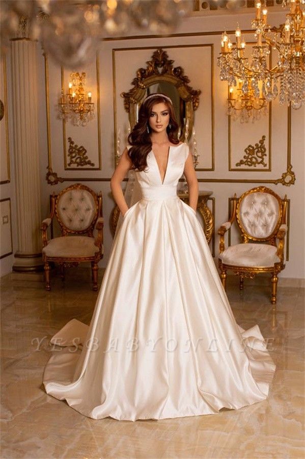 Charming A-Line Sleeveless V-neck Satin Wedding Dress with Train