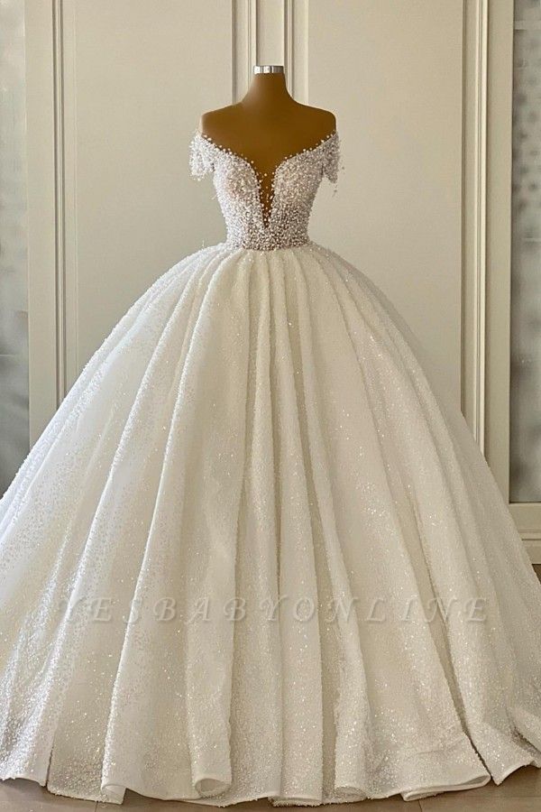 Deluxe ivory ball gown off the shoulder V-neck wedding dress with Ruffles