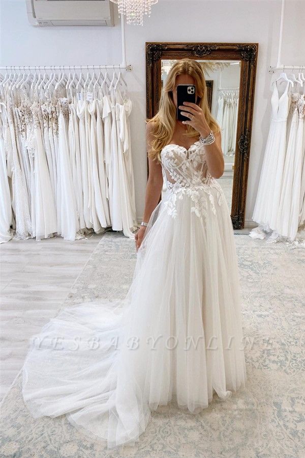 Charming Strapless Chapel Train Garden Sleeveless A-line Tulle Wedding Dress