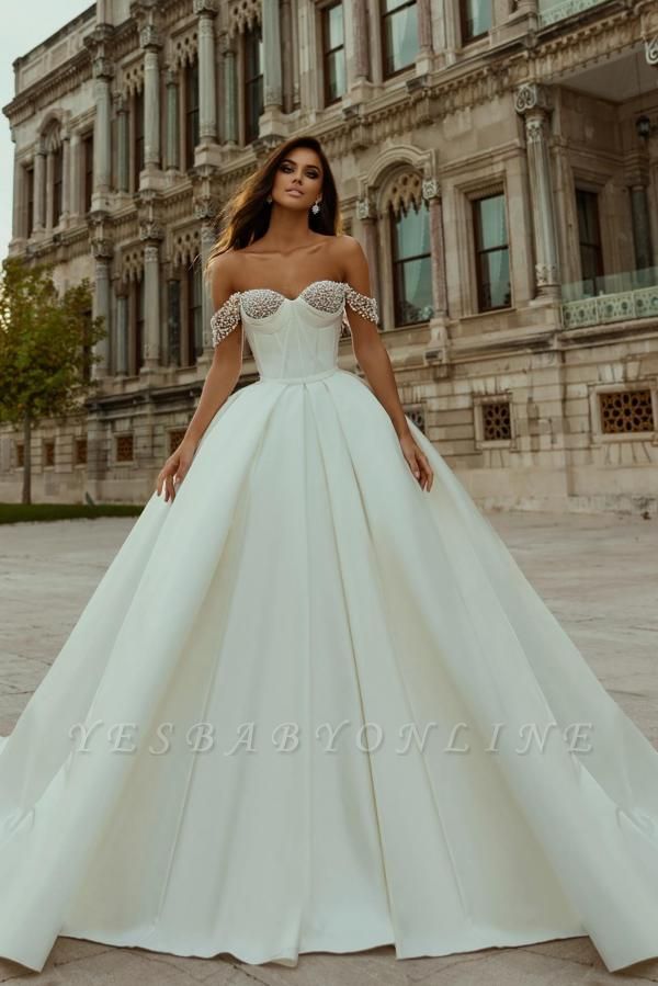Vintage Strapless Off the Shoulder Floor Length Wedding Dress with Pearls