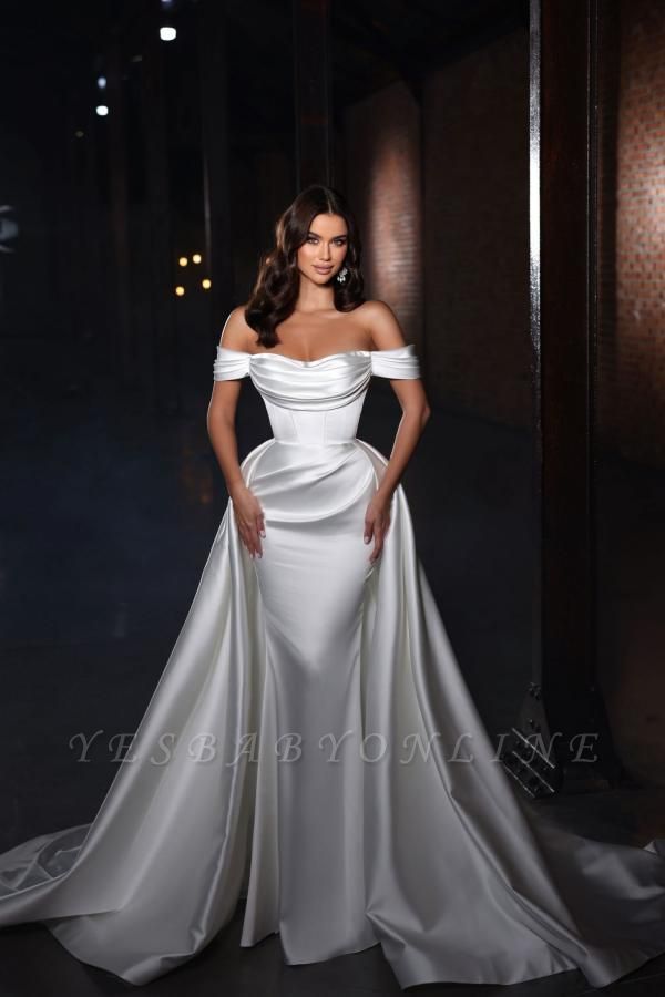 Fabulous Off the Shoulder Strapless A-Line Sleeveless Chapel Train Satin Wedding Dress with Ruffles