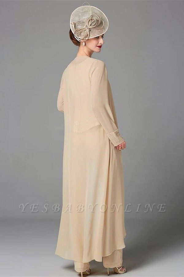 Ivory Beading Floor Length Jewel Long Sleeves Chiffon Mother Dress Jumpsuit