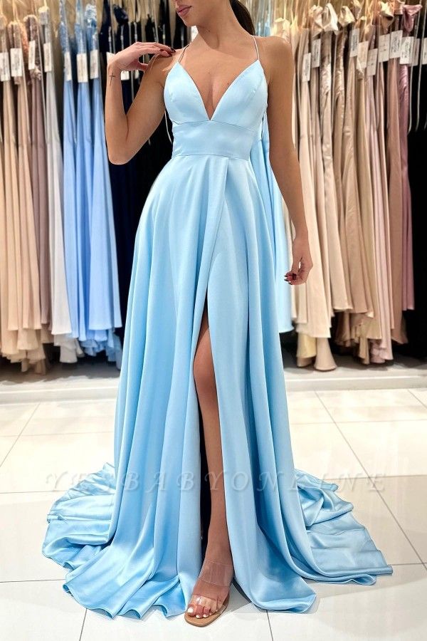 Chic Blue Sheath Halter Sleeveless Stretch Satin Prom Dress with Ruffles