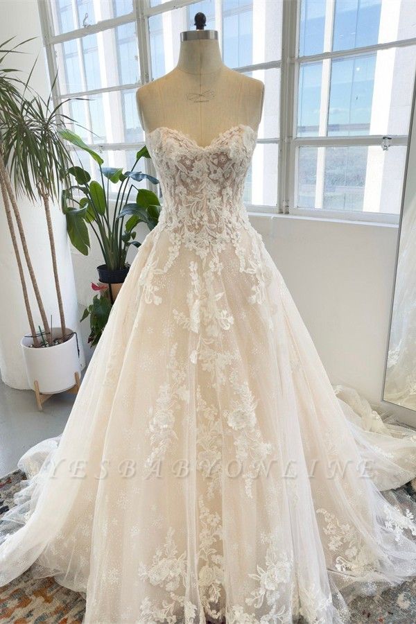 Garden Sleeveless Floor Length Garden Strapless Tulle Lace Wedding Dress with Appliques
