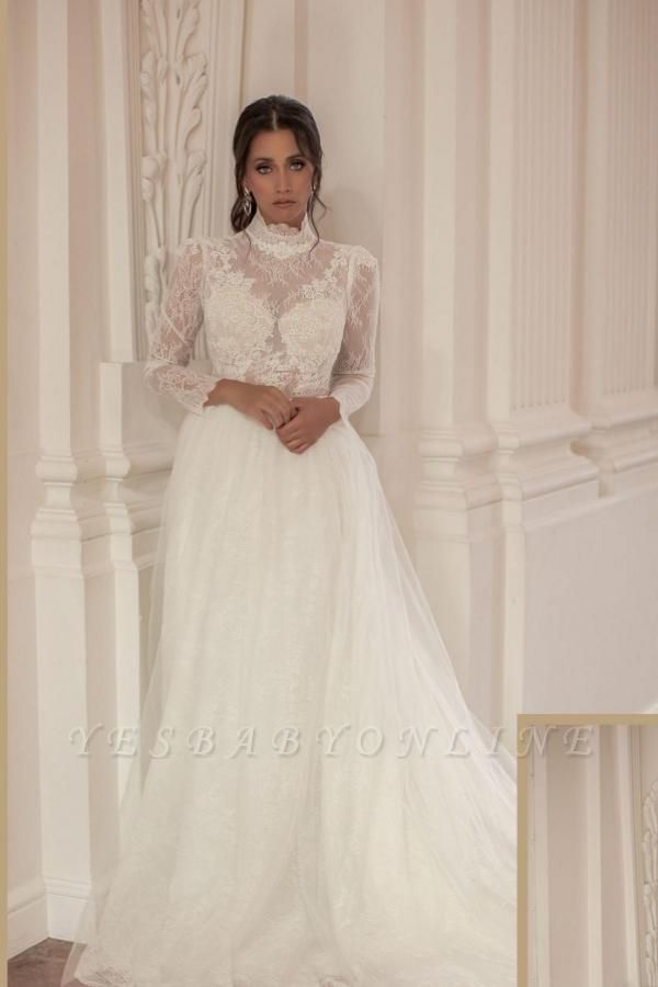 Elegant High Collar Long Sleeves Chapel Train Wedding Dress