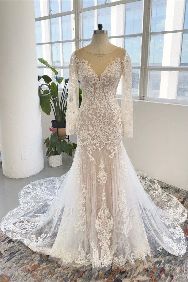 Charming Jewel Long Sleeves Chapel Mermaid Wedding Dress with Train