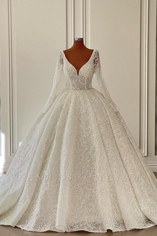 Charming V-neck Long Sleeves Floor Length Chapel Lace Wedding Dress ...