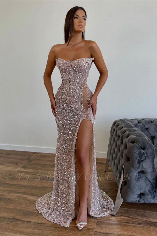 Charming Strapless Sequined Front Slit Floor Length Prom Dress with Beadings
