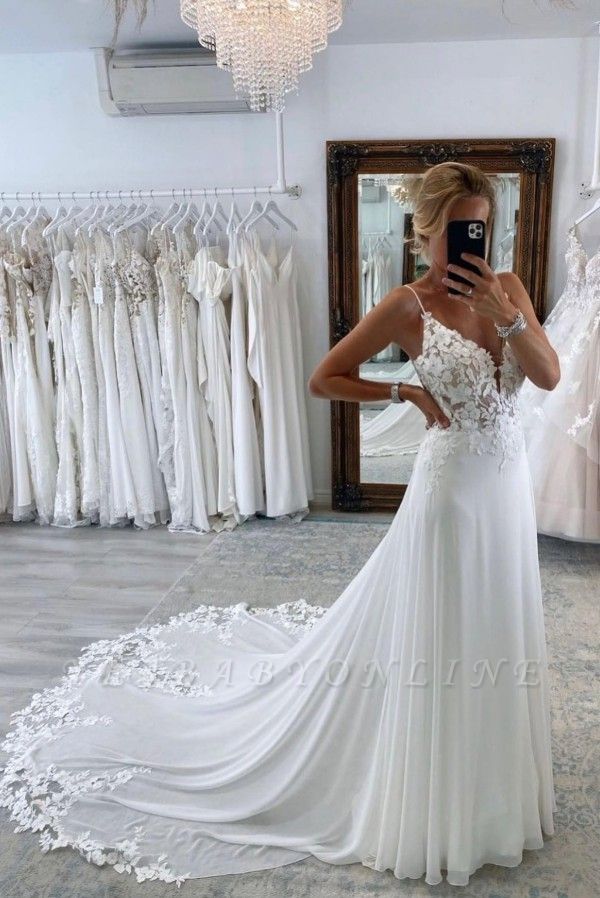 White Floor Length Spaghetti Straps Wedding Dress with Train