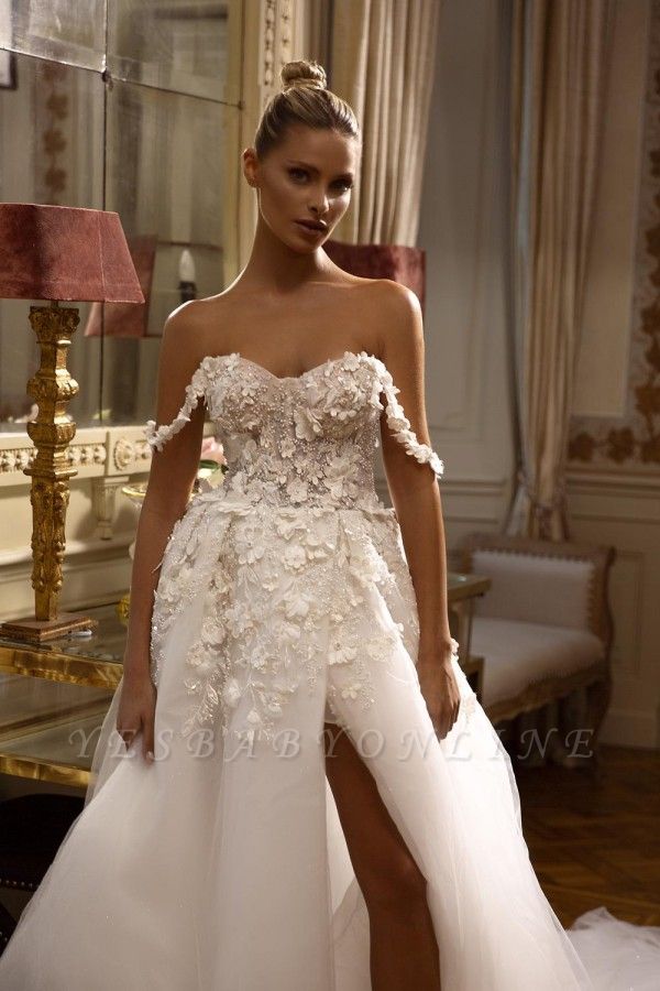 Charming Off the Shoulder Front Slit Chapel Wedding Dress