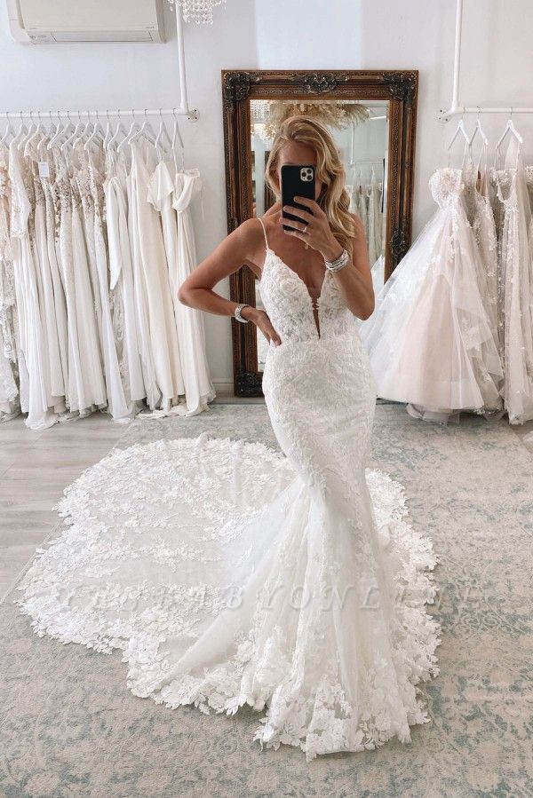 Spaghetti Straps Mermaid Wedding Dress with Train