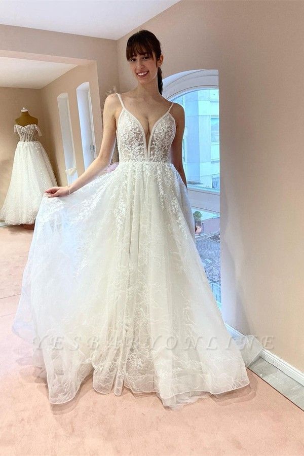 Charming A-Line Floor Length Spaghetti Straps Lace Wedding Dress