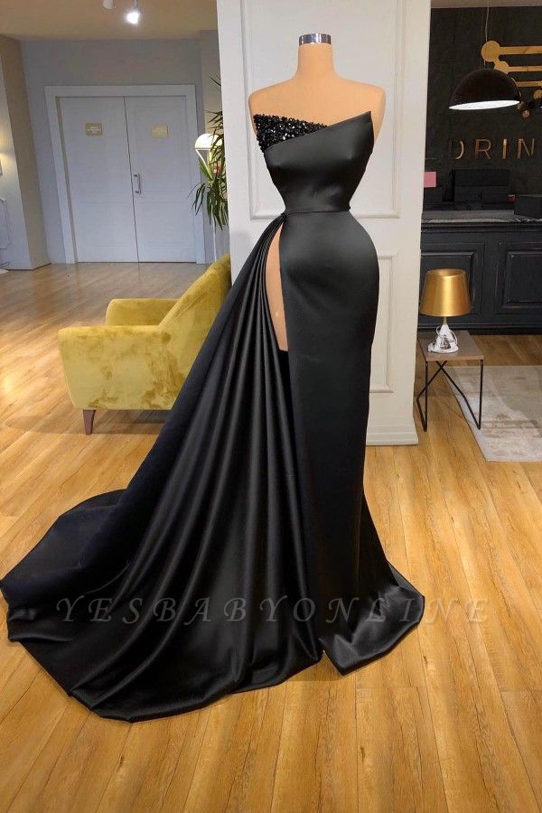 Black Strapless A-Line Front-Slit Satin Prom Dress with Ruffles