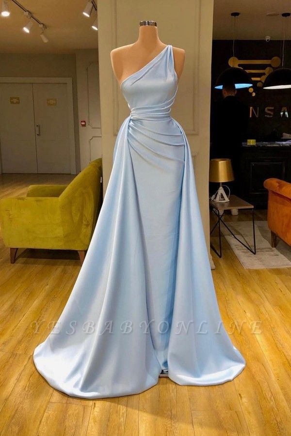 Skyblue One Shoulder Floor Length Satin Prom Dress with Ruffles
