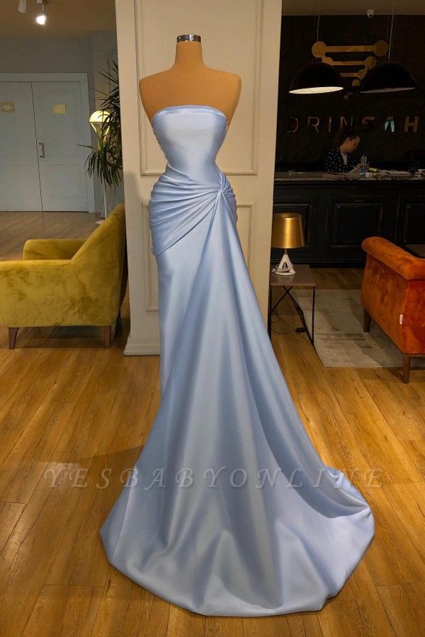 Light Blue Strapless A-Line Sleevelss Mermaid Prom Dress with Ruffles