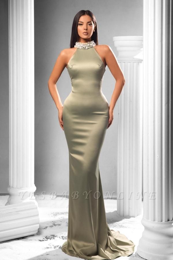Trendy Halter Sleeveless Zipper Floor Length Prom Dress with Pearls