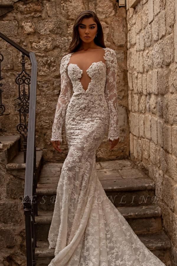 Sweetheart Long Sleeves Mermaid Floor Length Lace Wedding Dress
