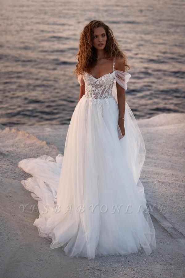 Elegant Off the Shoulder Spaghetti Straps Floor Length Tulle Wedding Dress