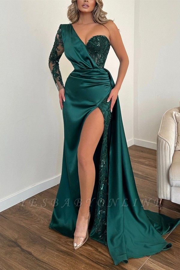 Long Sleeves Mermaid Sweetheart Satin Lace Formal Prom Dresses with Slit