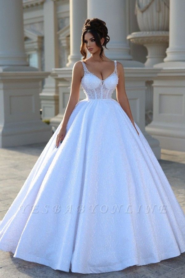 Modern Glitter Long Ball Gown Sweetheart Satin Beading Wedding Dresses