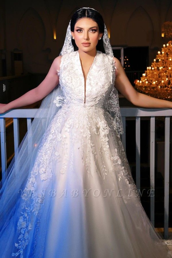 Modern White Long A-line V-neck Tulle Lace Wedding Dresses