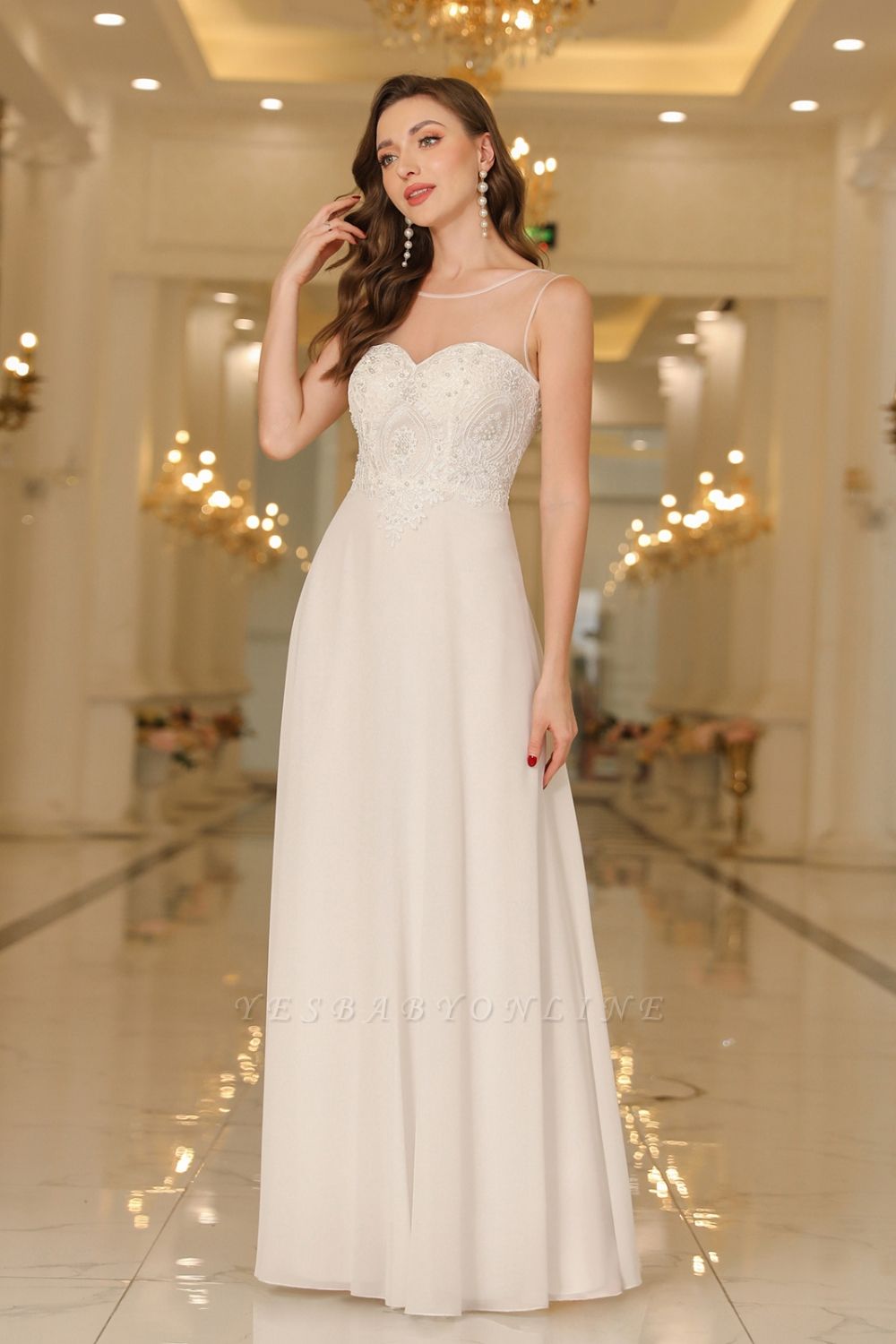 Elegant Floor-Length Sleeveless Jewel Neck A-Line Lace Chiffon Prom Dresses