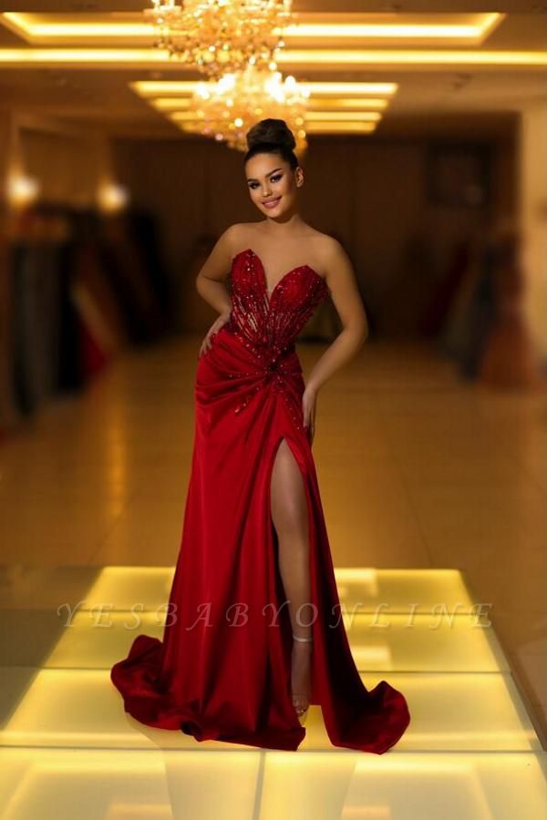 Charming Red V-Neck Strapless Sleeveless Satin Mermaid Prom Dresses with Split