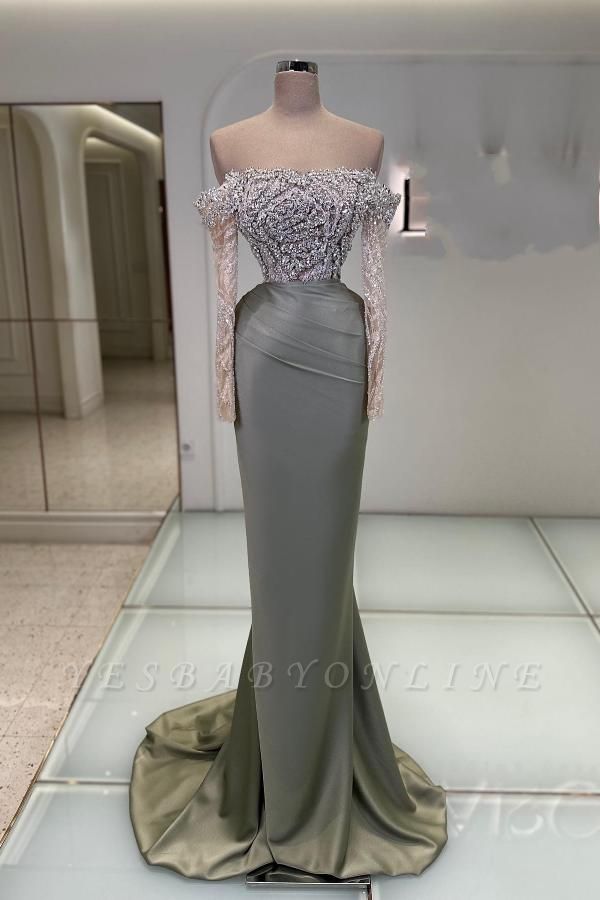 Deluxe Sequined Strapless Long Sleeves Satin Mermaid Prom Dresses