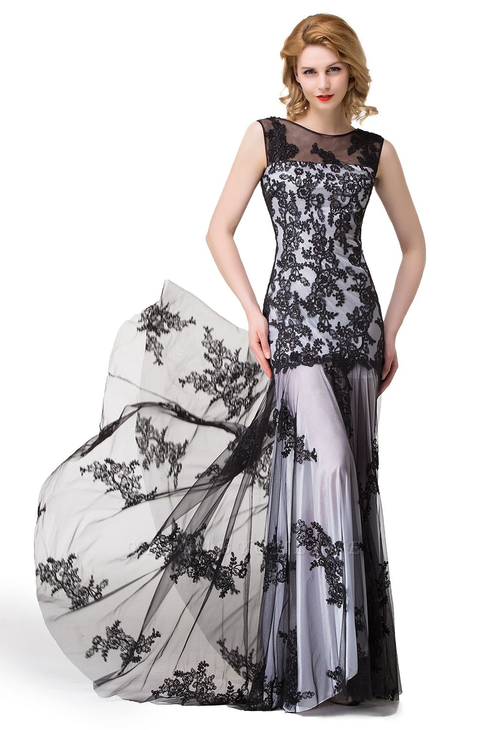 DANIELA Scoop Neck lace Applique Mermaid Black Prom