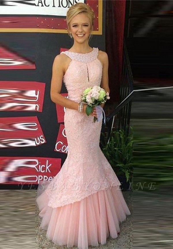 Sleeveless Pearls Lace Mermaid Pink Newest Long Prom Dress