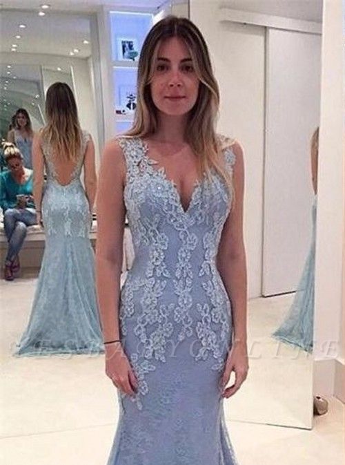 Mermaid Lace Backless V-neck Floor-length Blue Evening Dress