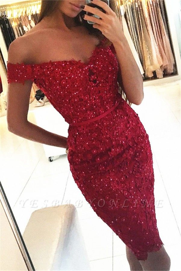 Sexy Red Off-the-shoulder Sheath Appliques Lace Pearl Short Prom Dress