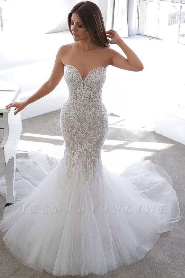 Sexy Sweetheart V Neck Backless Applique Lace Wedding Dress | Fitted ...
