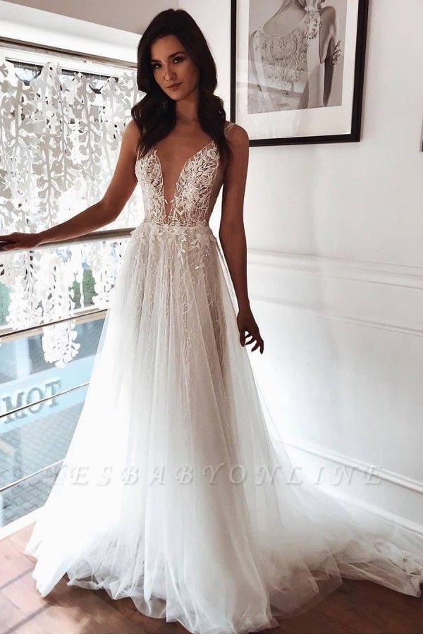 Straps Deep V Neck Applique Pleated Summer Beach Tulle A Line Wedding Dresses