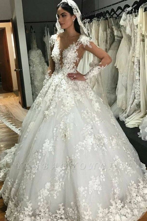 Luxury Jewel Long Sleeve Floral Ball Gown Wedding Dresses | Backless Floor Length Wedding Gown