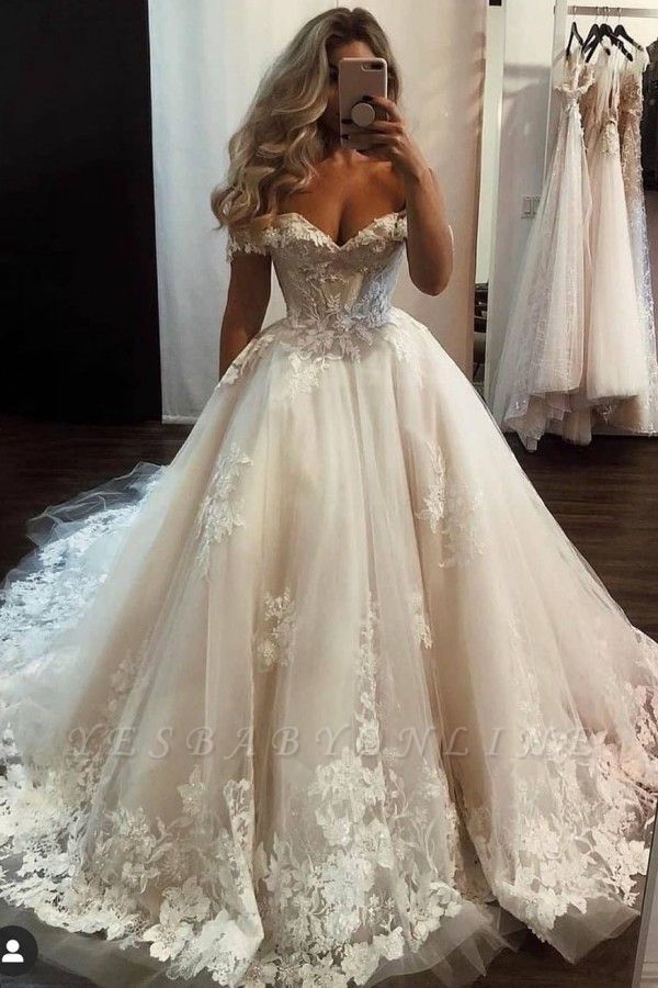 Gorgeous Long A-line Princess Tulle Off-the-shoulder Lace Wedding Dress