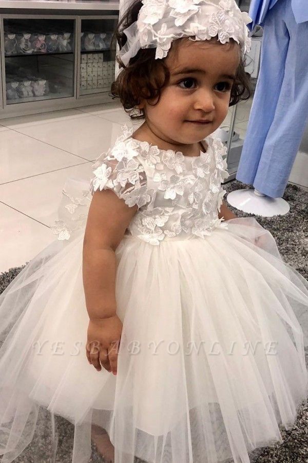 Jewel Short Sleeve Floral Tulle Ball Gown Flower Girl Dresses