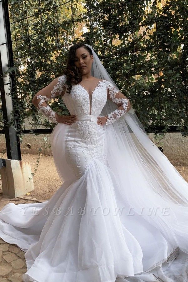 Plus Size Jewel Long Sleeve Applique Crystal Sequin Sash Mermaid Wedding dresses